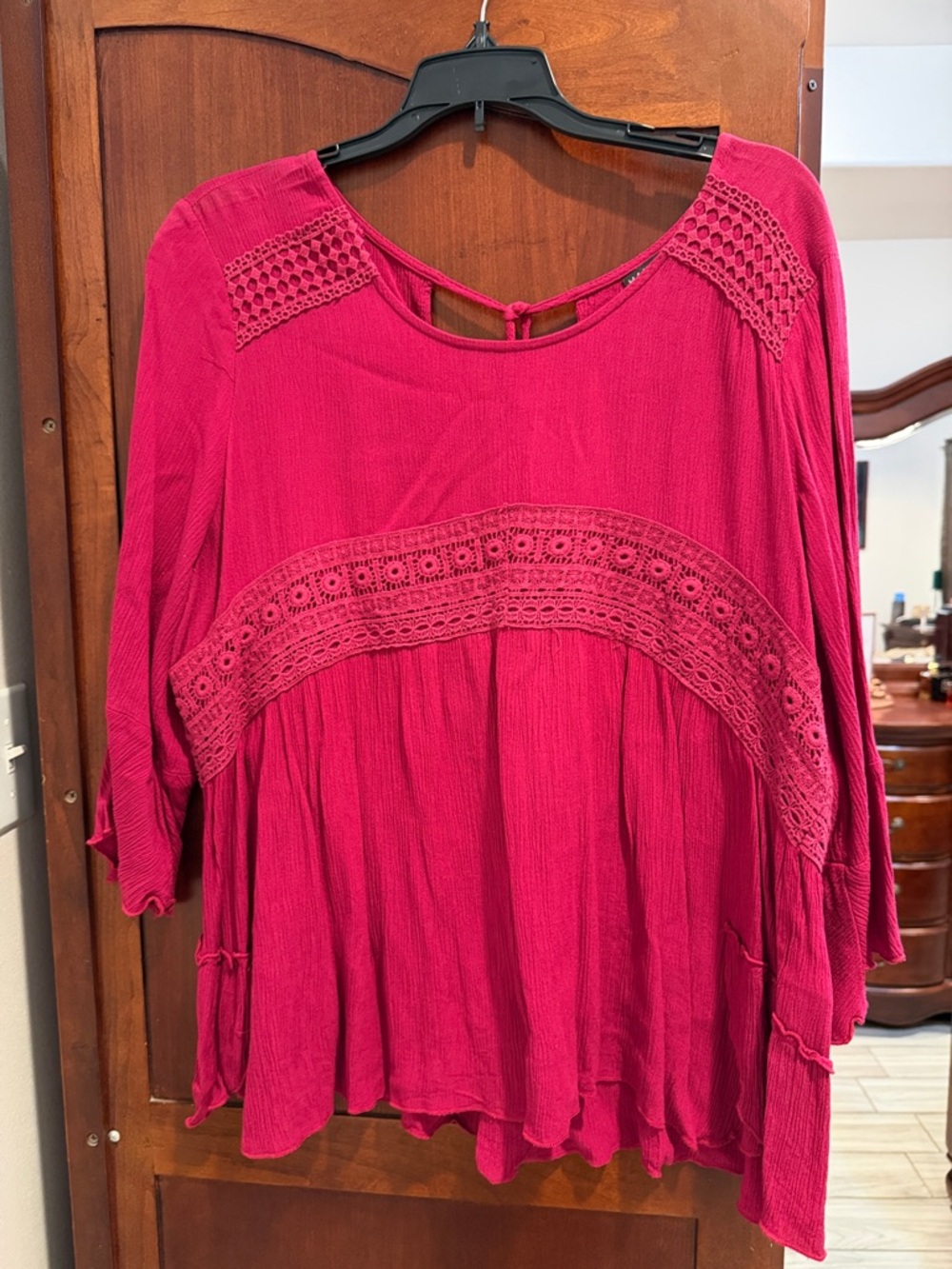 Hannah Crochet-Trim Peasant Tunic Top - Magenta